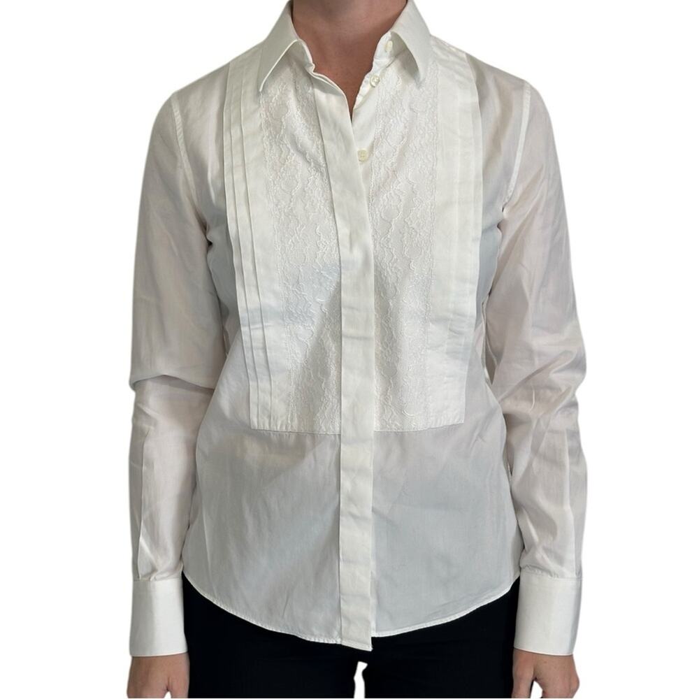 Dolce & Gabbana White Stretch Poplin Lace Tuxedo Shirt IT 38 US 2 Formal Dress - Picture 3 of 13